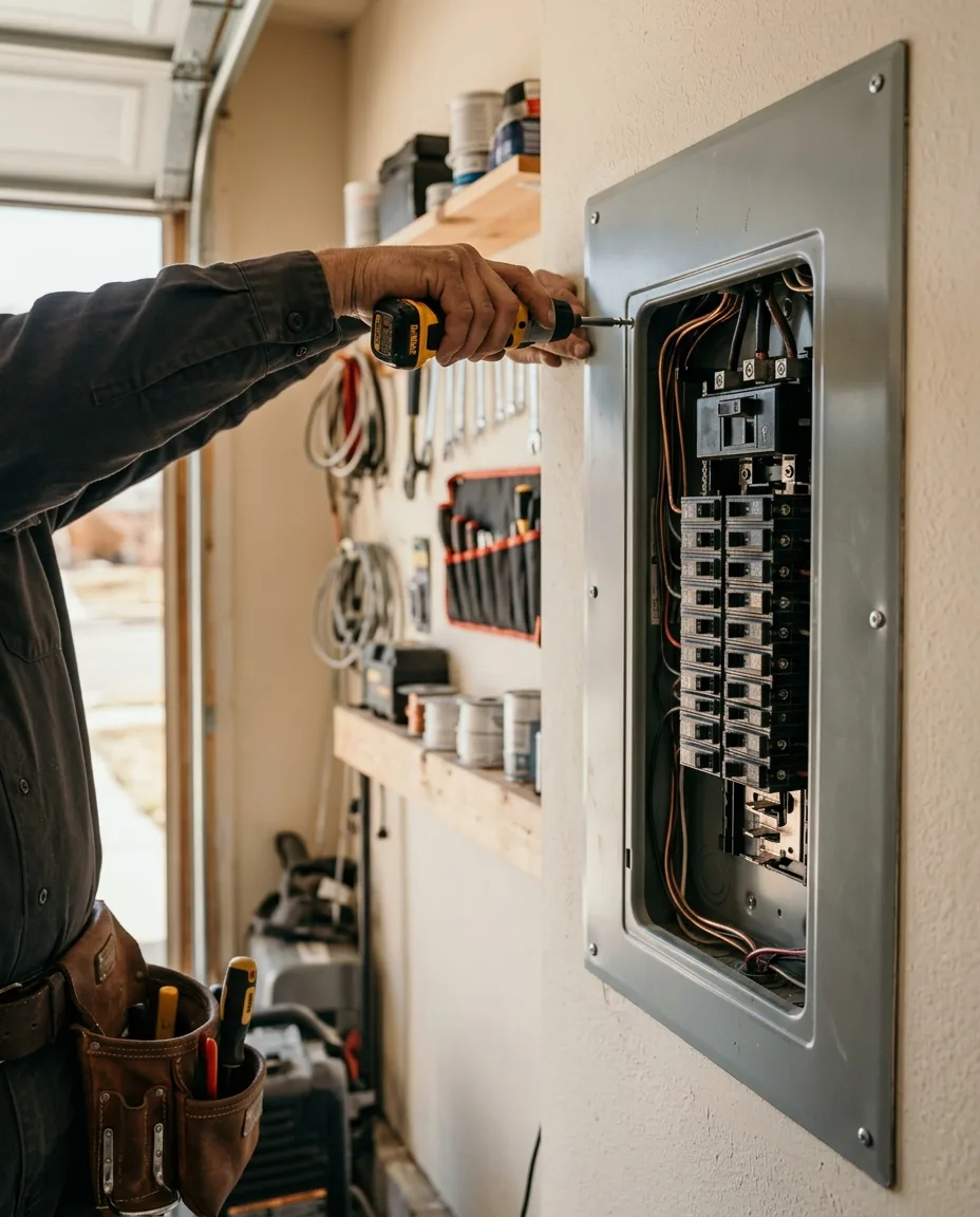 Tall shot of hands tightening the front cover onto a finished breaker panel with a cordless screwdriver, garage wall in soft daylight