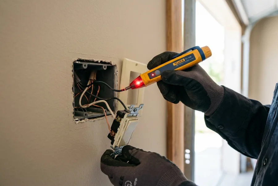 Hands holding a non-contact voltage tester against a light switch plate removed from the wall, wires visible in the box