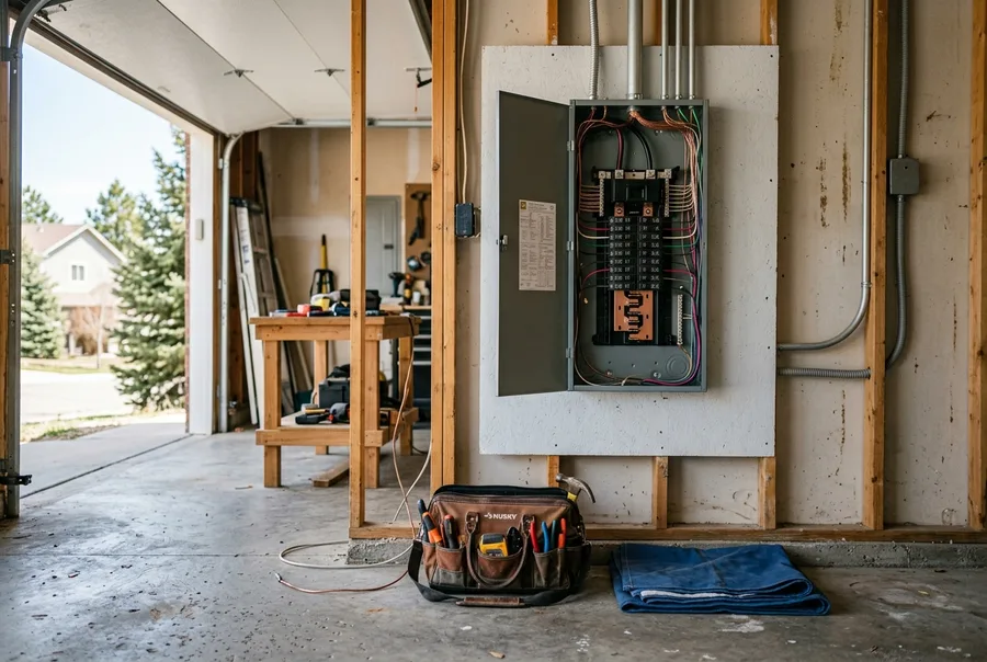 Wide shot of a garage wall with a new open 200A panel, a tool bag and folded drop cloth on the floor below