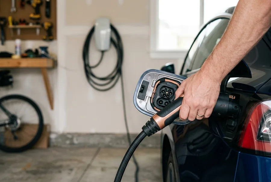 Close detail of a hand plugging an EV charging connector into a car's charge port, the wall charger soft in the background