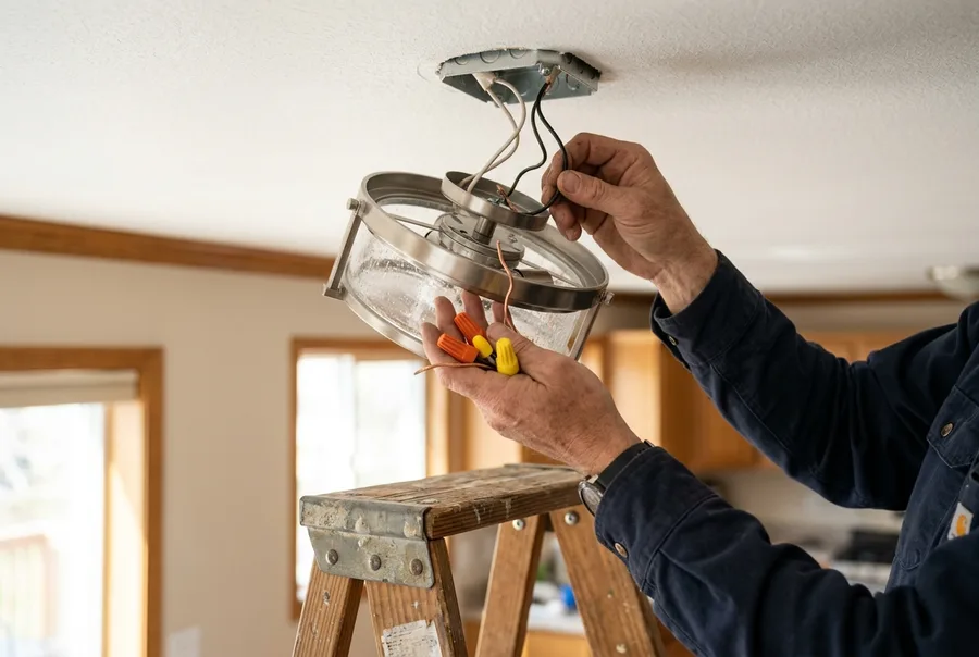 Medium shot of hands holding a new ceiling fixture up to a junction box, wire nuts in the palm, ceiling and ladder top in frame