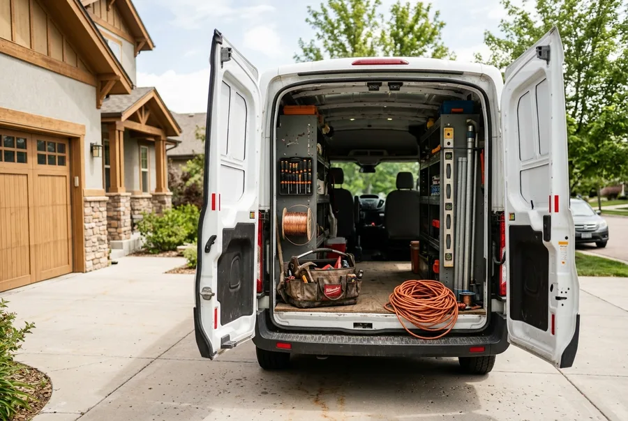 A work van's open rear doors in a residential driveway, a tool bag and coiled extension cord inside